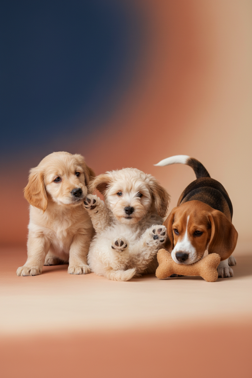  #3a57a4  #c35327 #f9ede4  bu renkleri arka plana alarak 3 adet yavru tatlı köpek görseli oluştur ve reels boyutunda olsun 